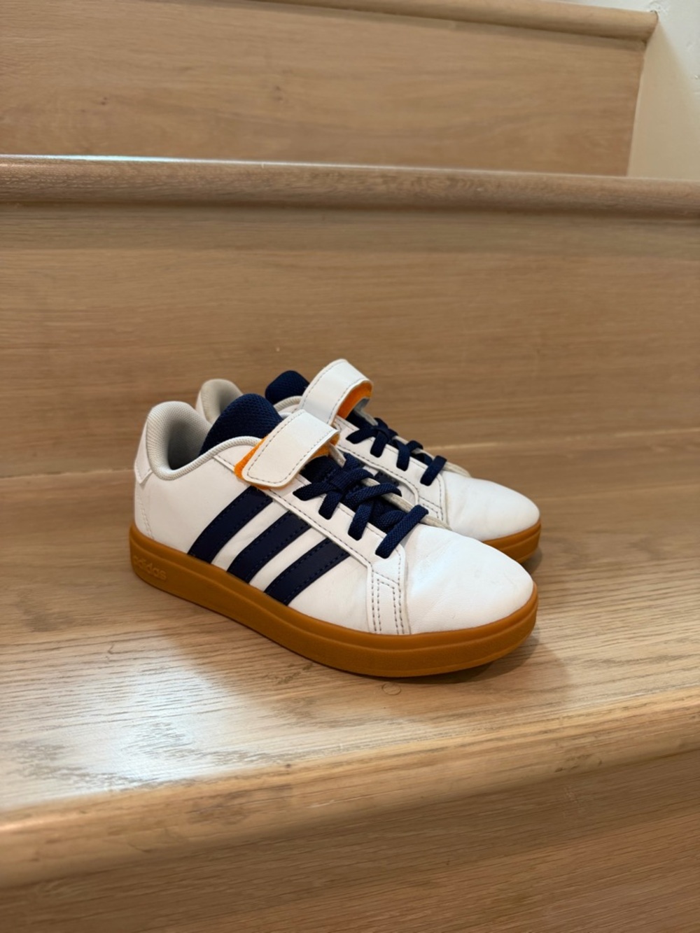 adidas White Navy Gum-Soled Kids Sneakers with Velcro Strap